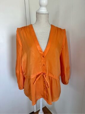 DKNY Bright Orange V-Neck Tie-Front Blouse